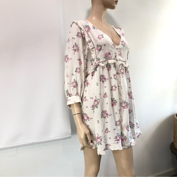 asos floral mini romantic print puff sleeve dress embroidery V-neck button front - Picture 15 of 16